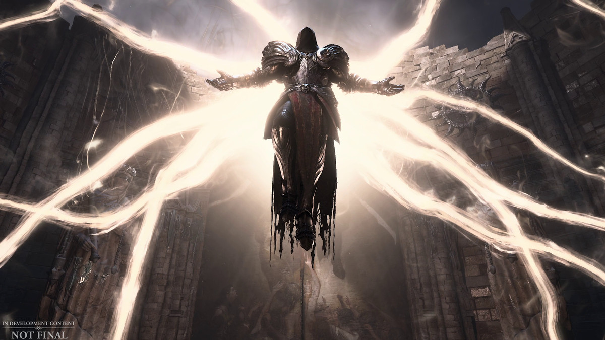 An angel rises above the player in Diablo 4, holding their hands in front of their golden wings