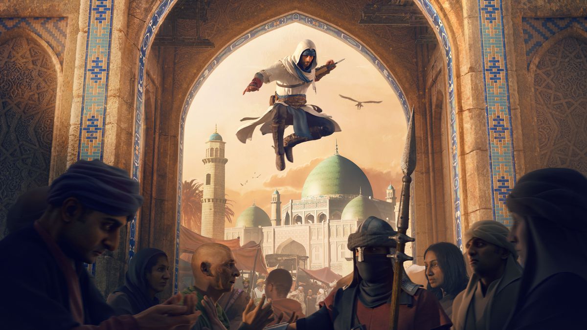 Basim from Assassin’s Creed Mirage jumping down from above a bunch of people
