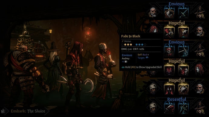 A screenshot of Red Hook's Darkest Dungeon 2, showing a set of character relationships before the start of a journey.