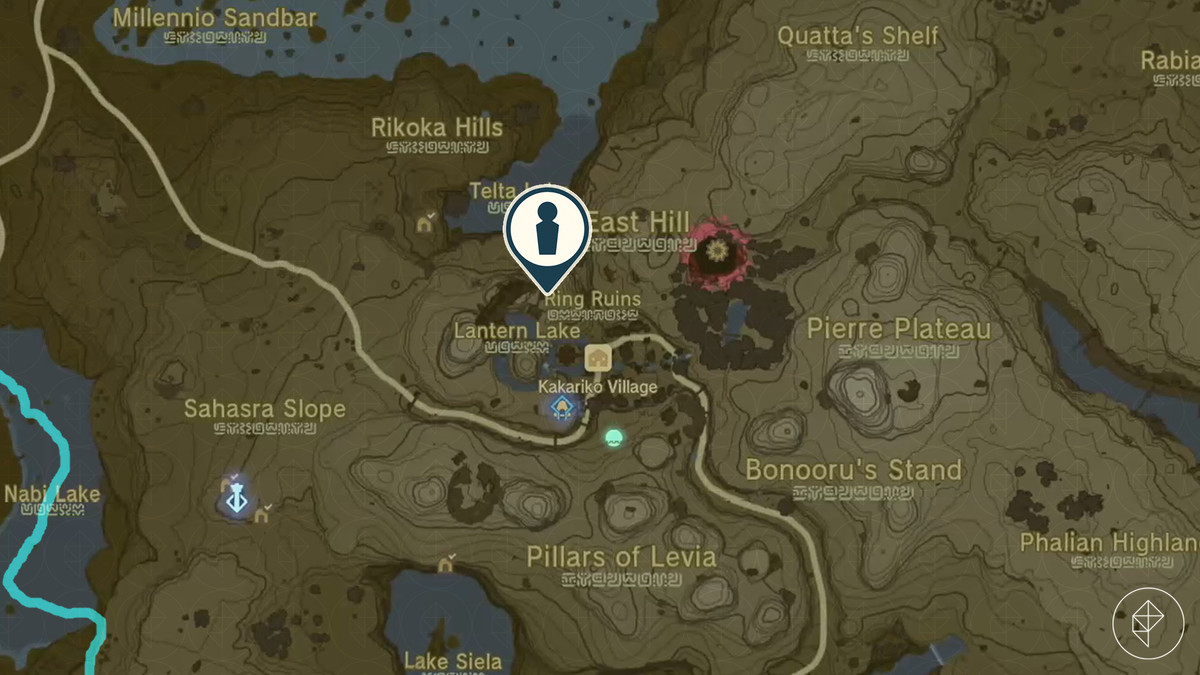 A map in The Legend of Zelda: Tears of the Kingdom shows the location of a survey campsite. There is a marker northwest of Kakariko Village that shows where the hotel owner is.
