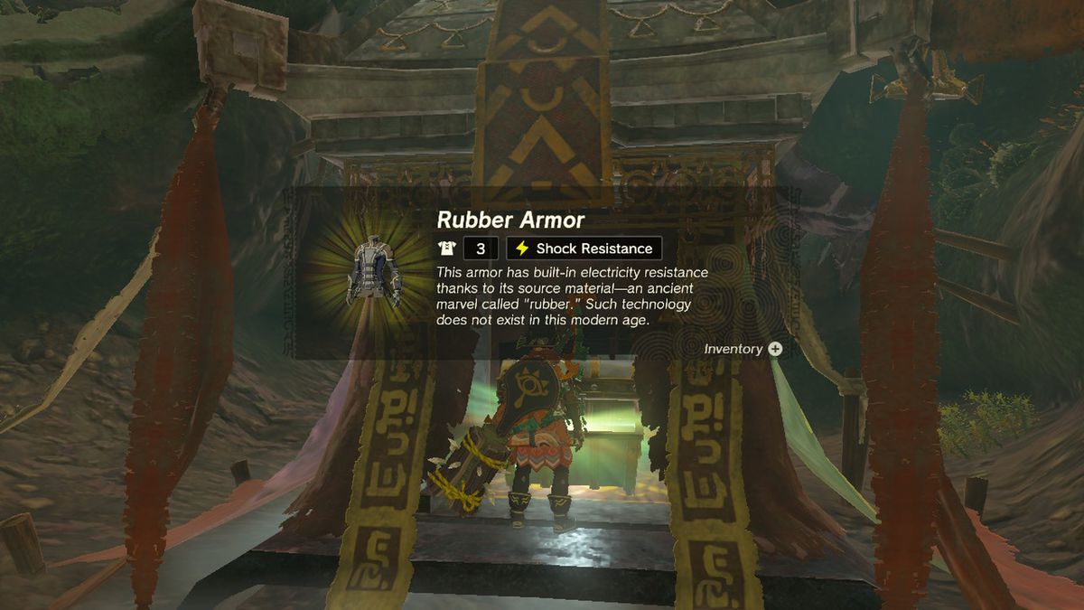 Link opens a chest containing the rubber armor in Zelda Tears of the Kingdom.