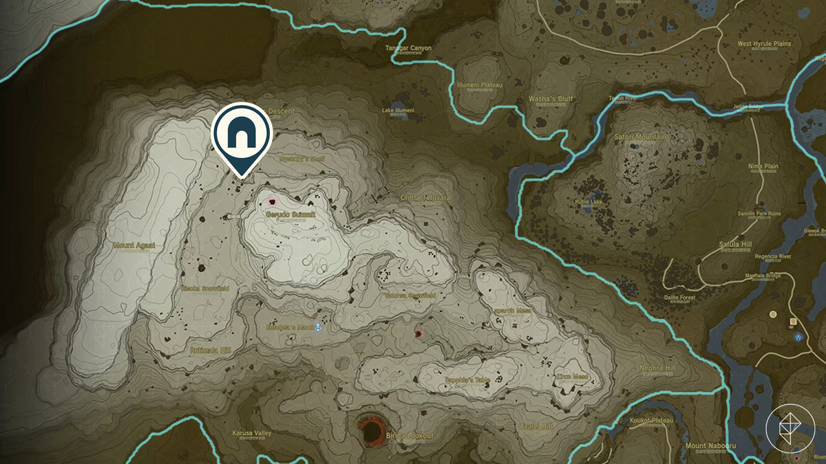 The Legend of Zelda: Tears of the Kingdom&nbsp;map showing the location of the Statue of the Eighth Heroine Cave.