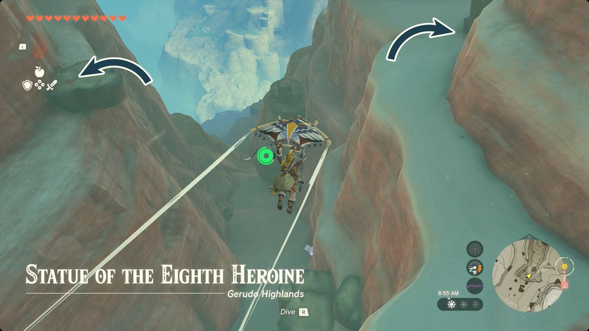 The Legend of Zelda: Tears of the Kingdom Link paragliding into the Statue of the Eighth Heroine with arrows pointing to nearby mirrors.