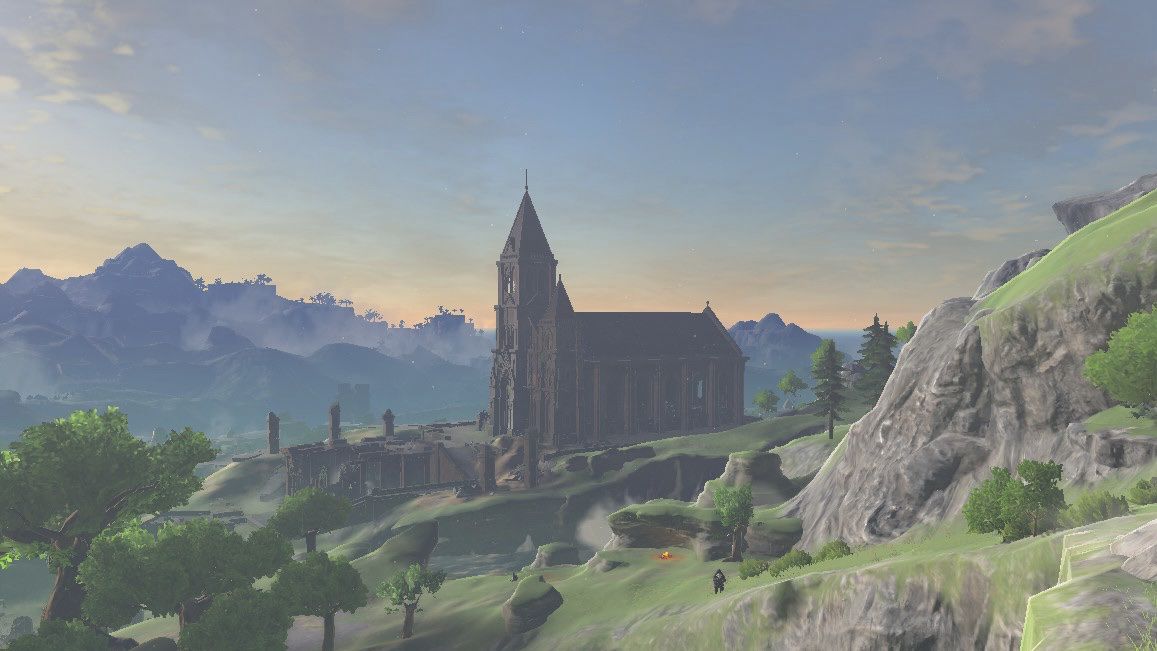 A view of the Temple of Time standing on a green hill on the Great Plateau in pleasant lighting in Zelda: Breath of the Wild