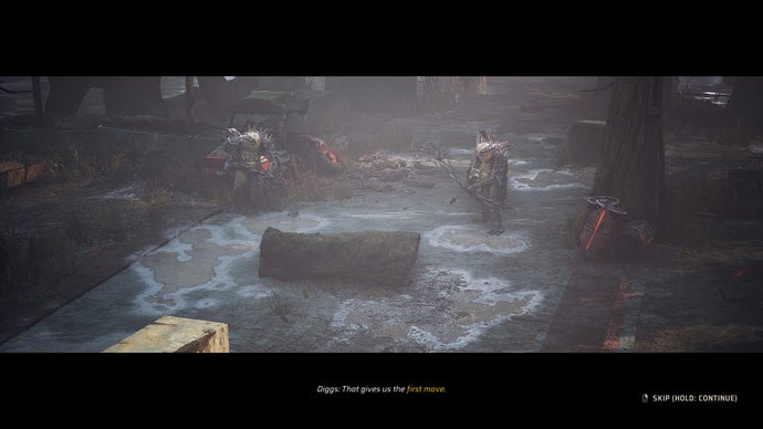 Miasma Chronicles review screenshot, showing a letterboxed cutscene with two humanoid mutant frogs.