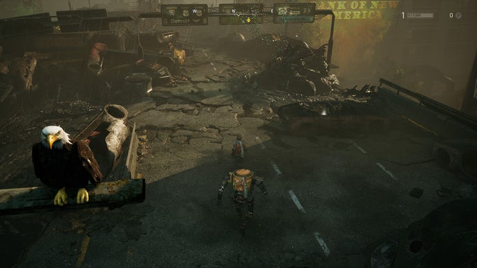 Miasma Chronicles review screenshot, showing a boy and a robot in a post-apocalyptic landscape with an eagle in the foreground.