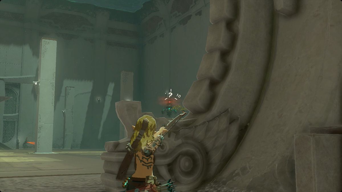 The Legend of Zelda: Tears of the Kingdom Link aiming a bow at a Construct in Nouda Shrine.