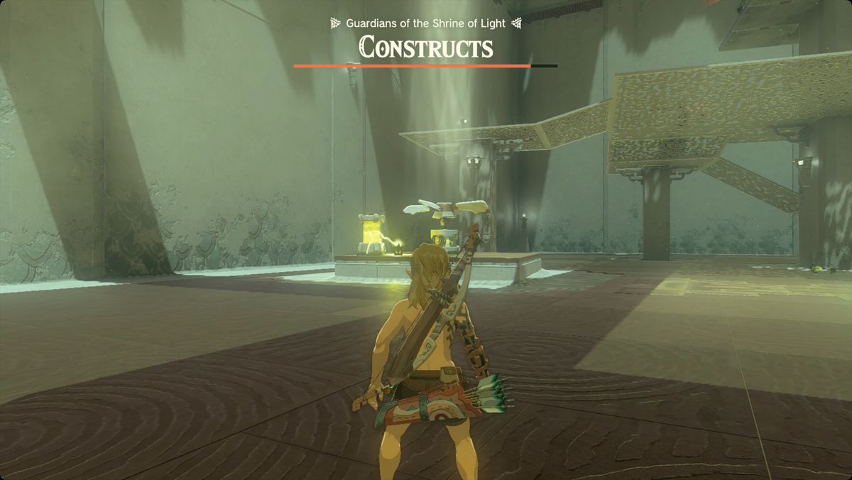 The Legend of Zelda: Tears of the Kingdom Link using a Zonai shock emitter to power a fan and charge a battery in Nouda Shrine.
