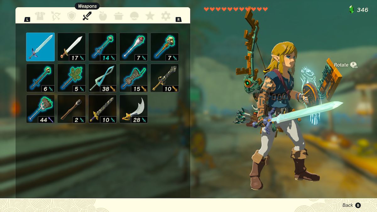A screenshot of the weapons inventory in Zelda: Tears of the Kingdom, showcasing Link with the Master Sword