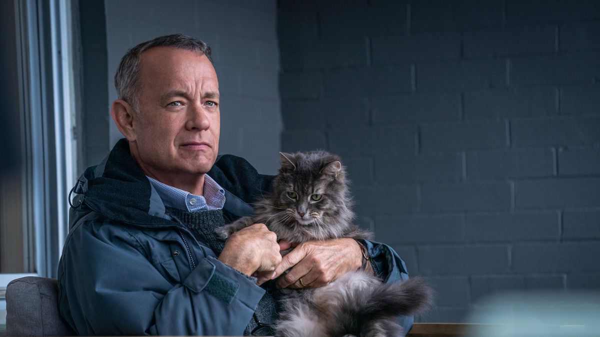 Otto (Tom Hanks) sitting on his porch holding a cat with a barely visible smirk on his face.