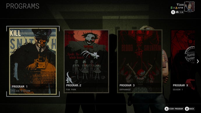 The Outlast Trails review screenshot, showing the three programs available – POLICE STATION, FUN PARK, ORPHANAGE, and PROGRAM X, which is marked SEASON 1