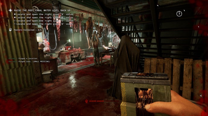 The Outlast Trails review screenshot, showing a bloody slaughterhouse. Every inch is covered in blood, and dismembered body parts hang from hooks in the ceiling