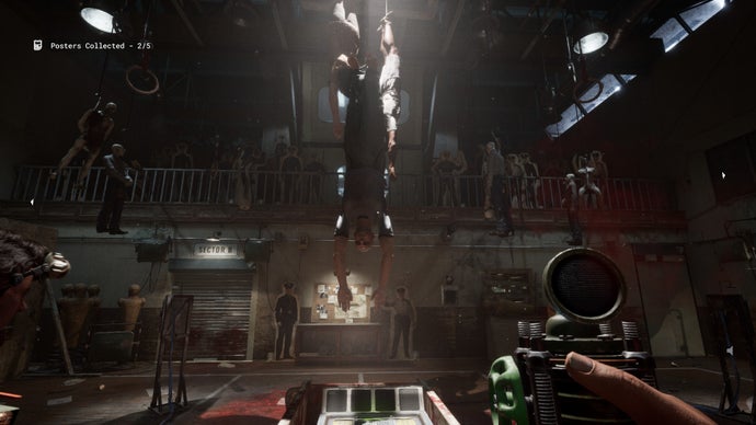 The Outlast Trails review screenshot, showing a jail environment, with cardboard cutout officers and bodies – both real and plastic – hang from the ceiling