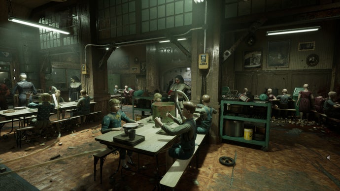 The Outlast Trails review screenshot, showing mannequin children sitting in a canteen with empty plates. Empty pots sit on the tables, ominous pipes poised above them as if waiting to dispense some kind of soup or gruel. Mannequin nuns in various states of dress and undress stand around the room