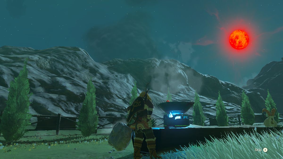 Link cooks food during the Blood Moon in Zelda Tears of the Kingdom.