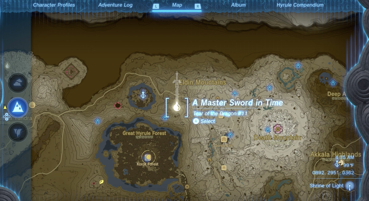 The map location of the glyph and Dragon Tear #11 in The Legend of Zelda: Tears of the Kingdom