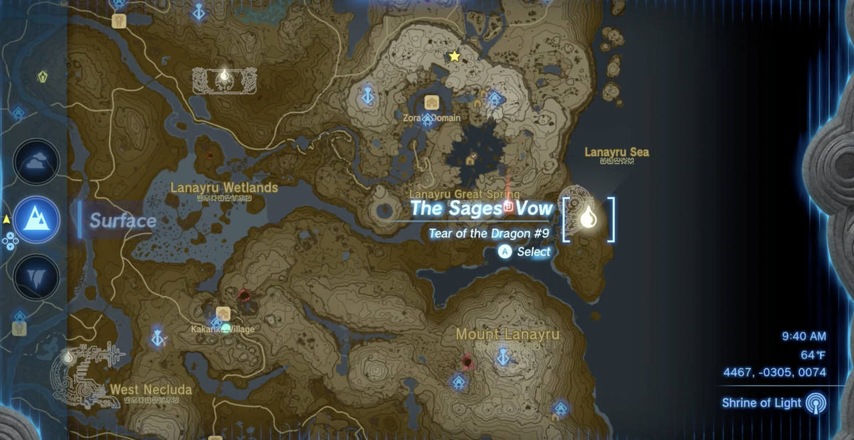 The glyph location and Dragon Tear location for Tear#9: The Sages’ Vow in The Legend of Zelda: Tears of the Kingdom