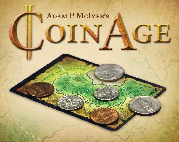 Cover image for Coin Age, which shows a map and a collection of coins taking up space on it.