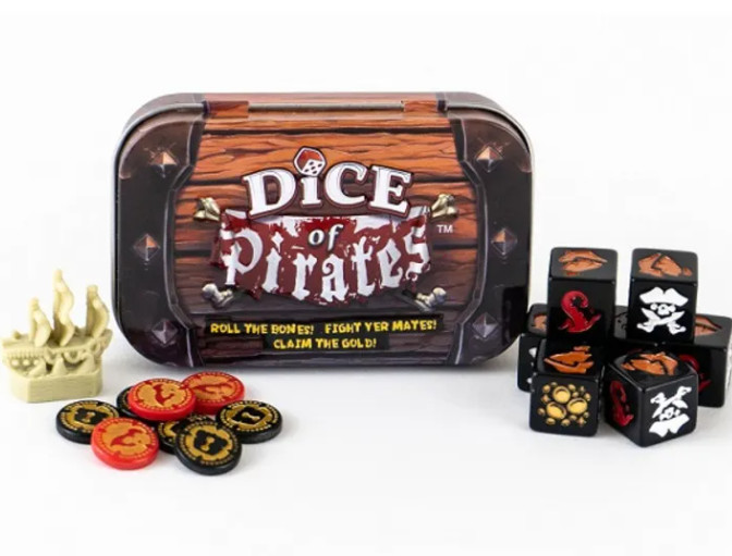 A tin that says “Dice of Pirates” on it, styled like a barrel, next to some pirate-themed dice, tokens, and a small ship.
