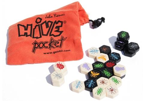 A red pouch that says “Hive Pocket” next to a bunch of tiles with bugs on them