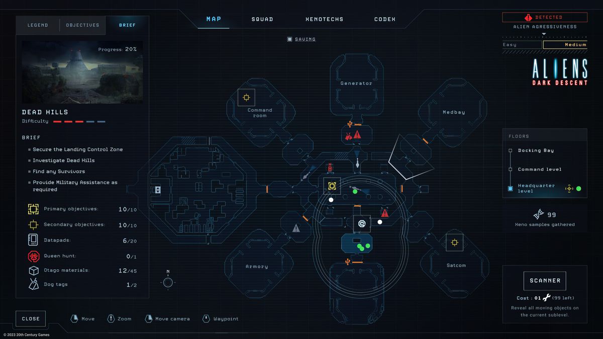A mission select screen from Aliens: Dark Descent. A legend along the left-hand side shows objectives, datapads, and mission optoins like “Queen hunt” and “dog tags” to recover.