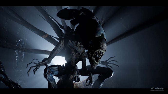 A cutscene introducing the mighty Alien Queen in Tindalos Interactive’s movie adaptation Aliens: Dark Descent.