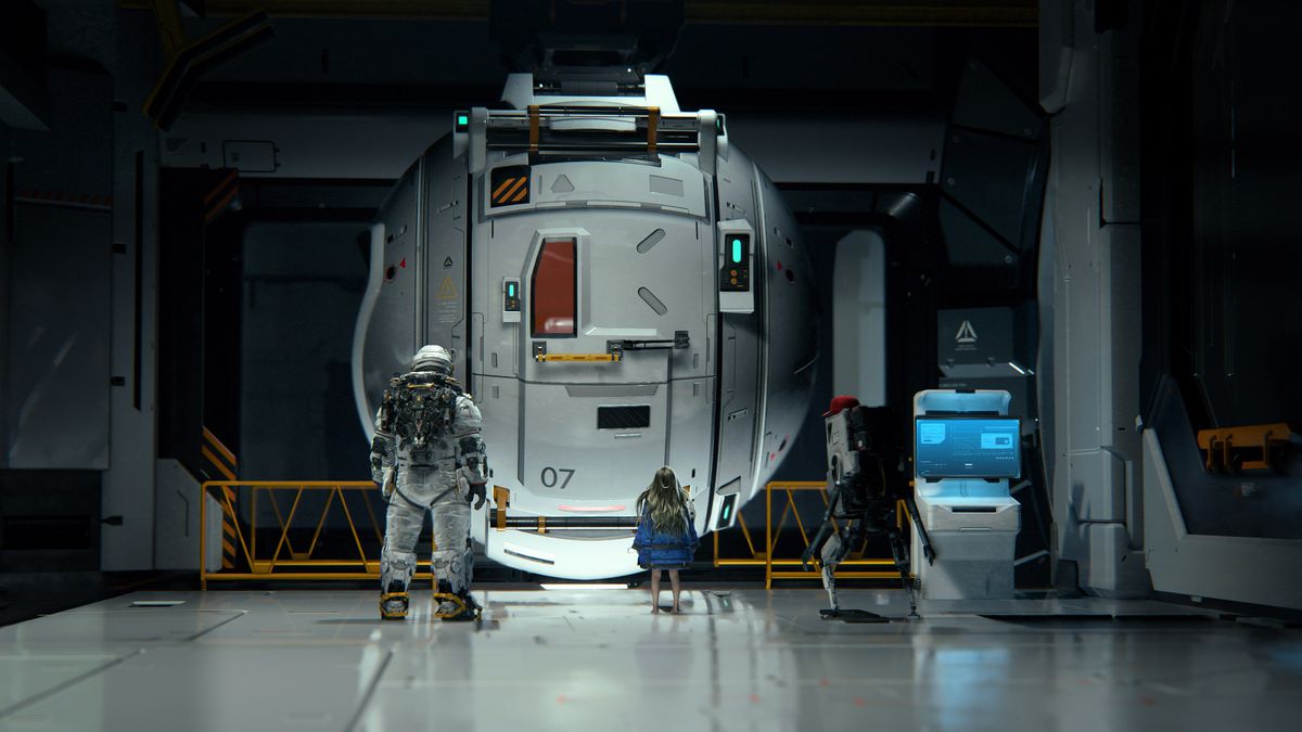 Three characters —&nbsp;a spaceman, a young girl named Diana, and a robot with a baseball hat —&nbsp;look at an egg-shaped escape pod in a screenshot from Pragmata