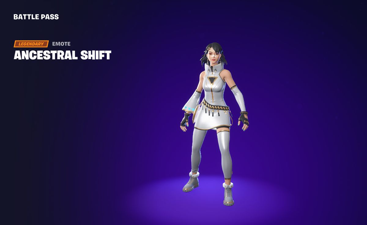 Era, dressed in a white dress with golden accessories in Fortnite