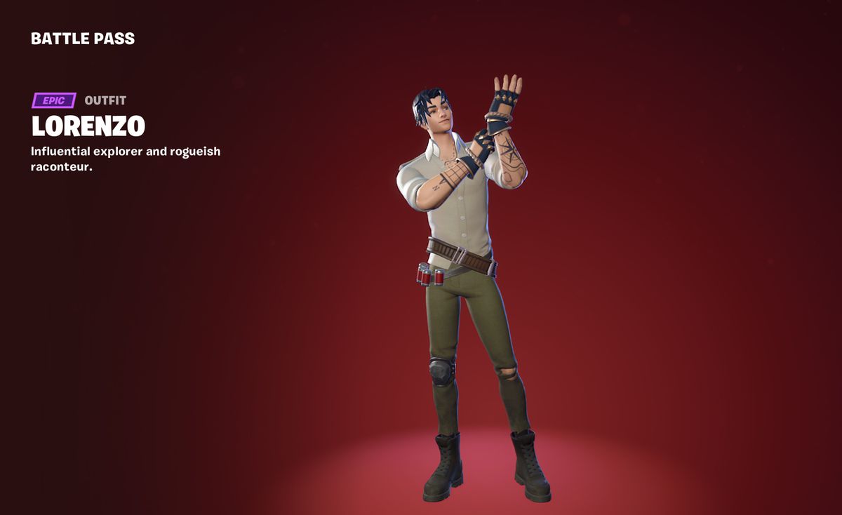 Lorenzo adjusts his gloves in his beige button up and green trousers in Fortnite