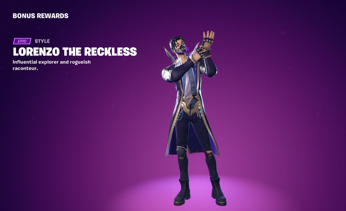 Lorenzo the Reckless, who is similar to his Dashing counterpart, but with indigo and gold accents in Fortnite.