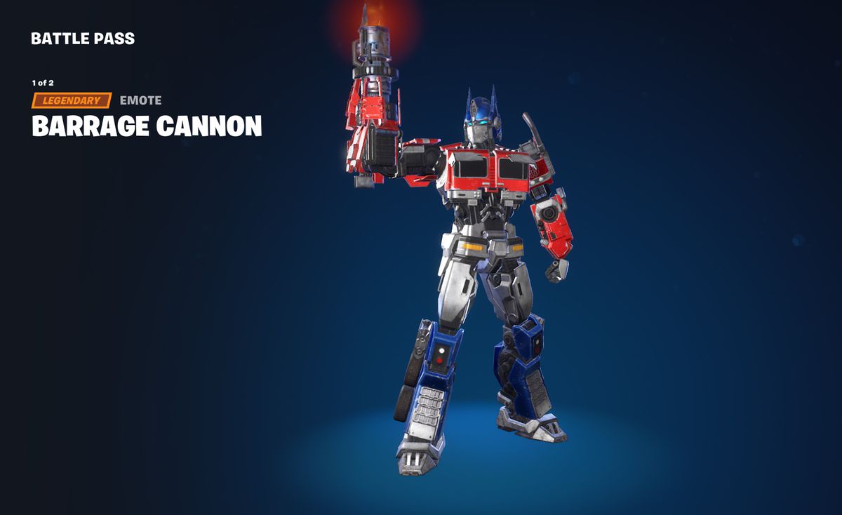 Optimus Prime, as seen in Fortnite, raising his arm which has turned into a blaster.
