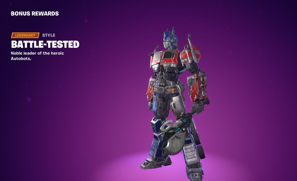 Optimus Prime’s Battle-Tested style in Fortnite, which adds dings and scratches to his usually nice paint job.