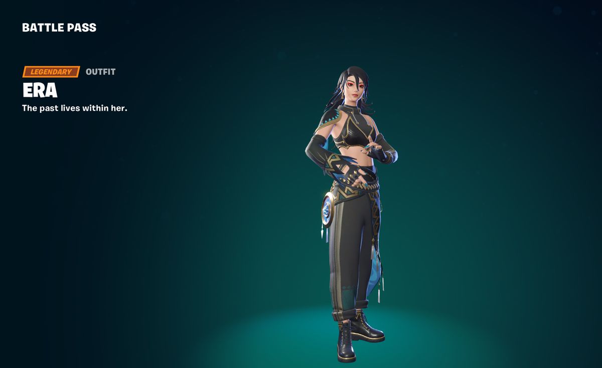 Era, a woman in a black outfit with gold trimming and red eyeliner in Fortnite