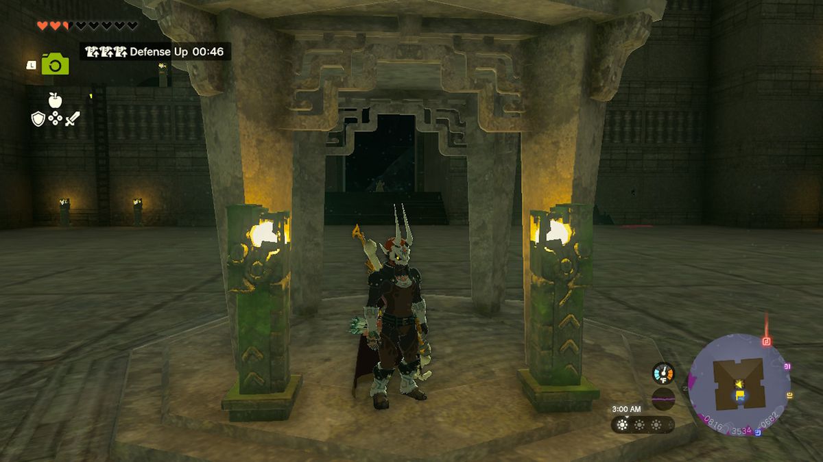 Link stands under an altar wearing the Evil Spirit Armor in Zelda Tears of the Kingdom.