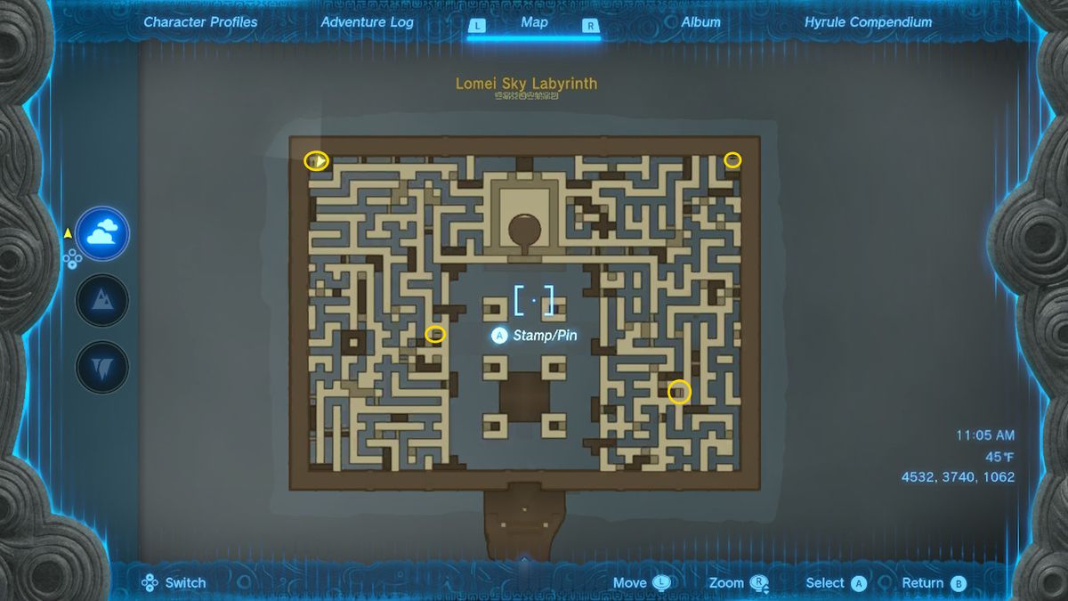 A map shows the locations of a goal in Lomei Labyrinth Island while searching for the Evil Spirit Armor in Zelda Tears of the Kingdom.