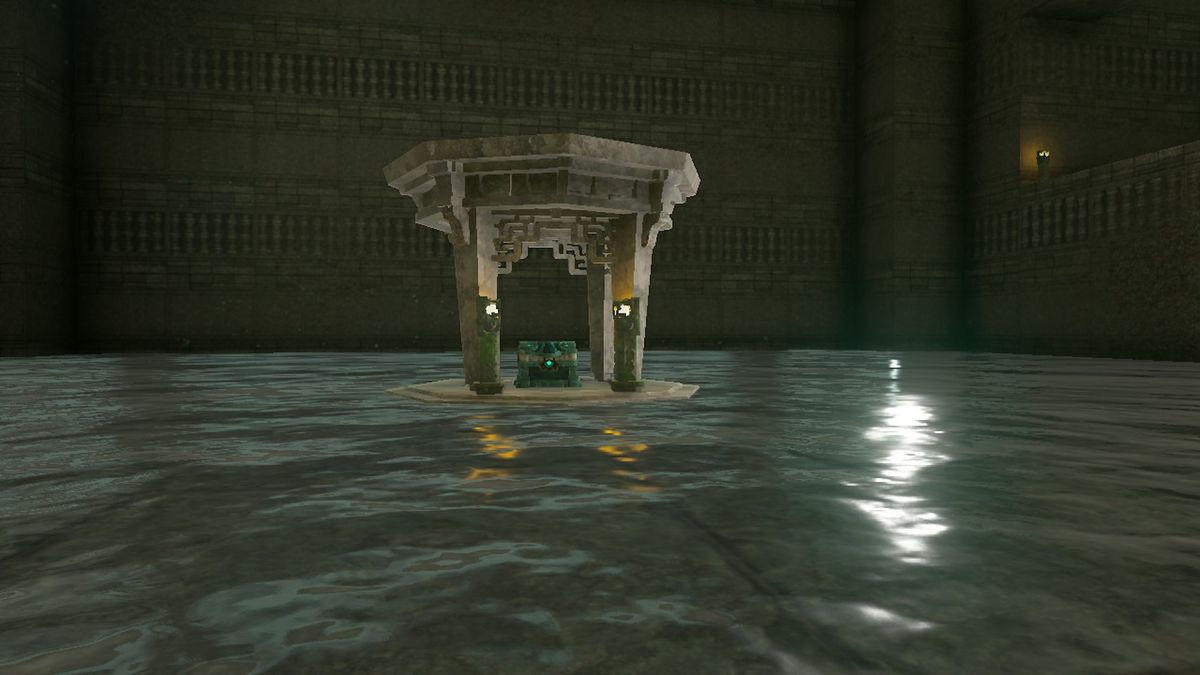 A chest perches on a pillar in a pond in the Lomei Labyrinth Island while Link searches for the Evil Spirit Armor in Zelda Tears of the Kingdom.
