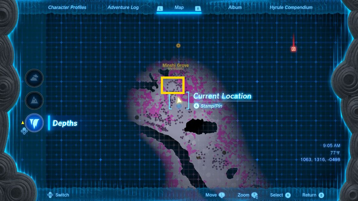 A map shows the location of the Sky Armor chest piece in Zelda Tears of the Kingdom.