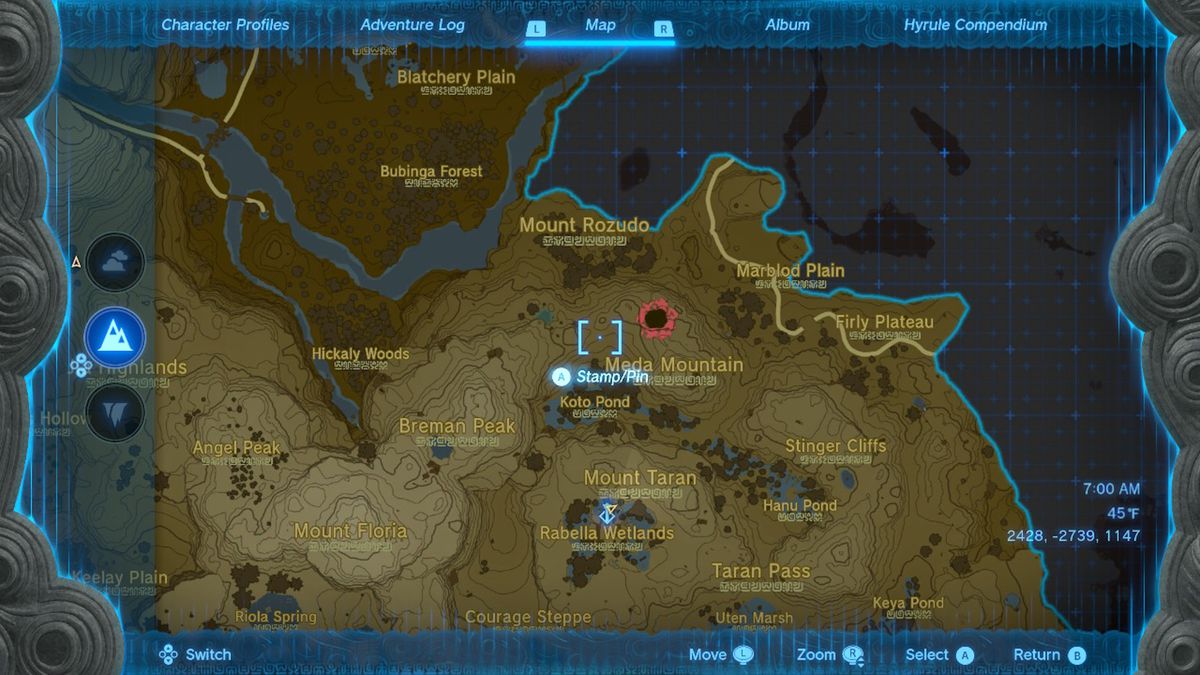 A map shows the location of the Cap of the Sky near Hateno Village in Zelda Tears of the Kingdom.