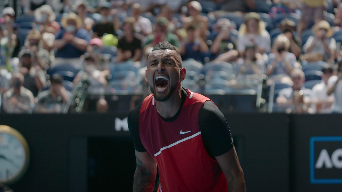 Nick Kyrgios happily shouting in a still from Break Point