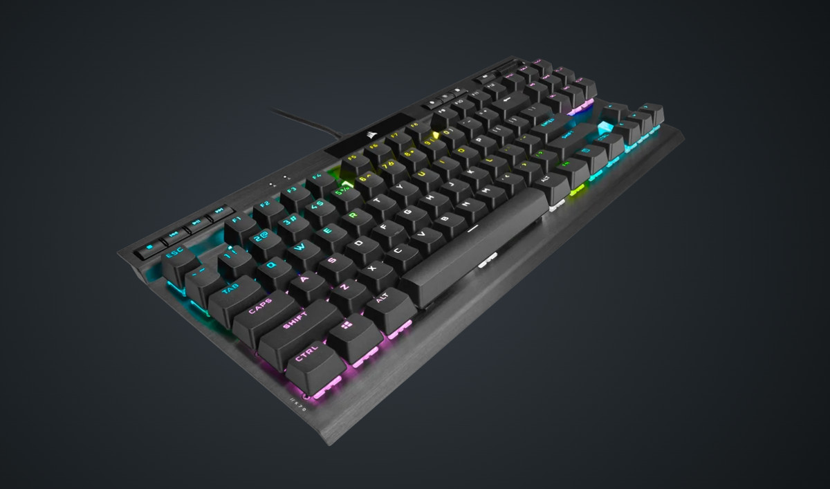 A product photo of the Corsair K70 RGB TKL at an angle
