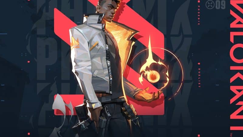 Valorant agent Phoenix stands holding an orb of fire with red lines behind him and his name in faded grey. The word "Valorant" appears vertically on the side too.