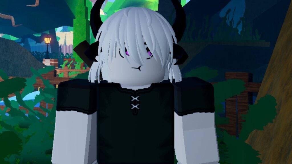 Feature image for our Blue Heater race tier list. It shows an in-game screen of a demon player character with pink eyes, white hair, and black horns. They're stood in a forest area.
