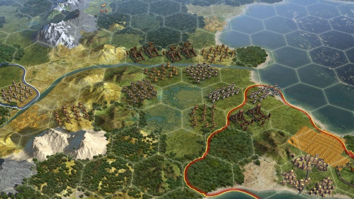The new hexagonal world map in Civilization V, showing the borders between two factions.