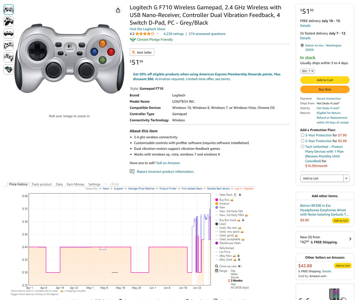 A screenshot of an Amazon product page with an embedded price history graph from Keepa