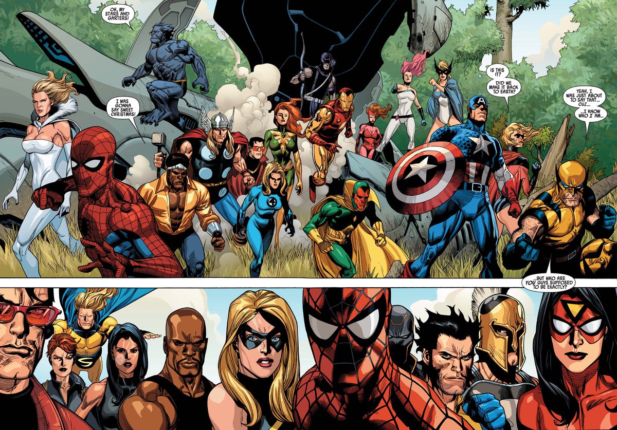 A mixed group of skrull imposters and unaware earth superheroes emerge from a crashed ship, as the Avengers look on in shock in Secret Invasion #1, Marvel Comics (2008).