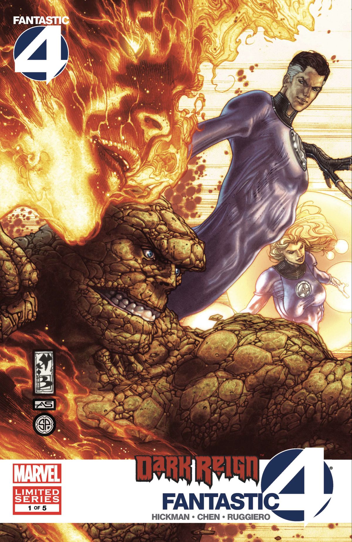 The Fantastic Four pose dramatically on the cover of Dark Reign: Fantastic Four #1 (2009).