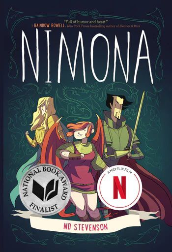 Nimona, Ballister, and Goldenloin on the cover of the Nimona graphic novel. 