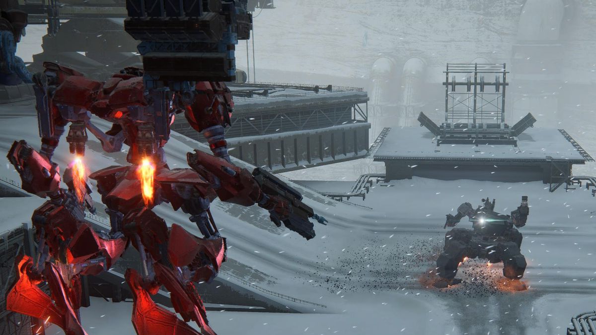A flying mech targets a tank on the ground in a snowy area of Armored Core 6.