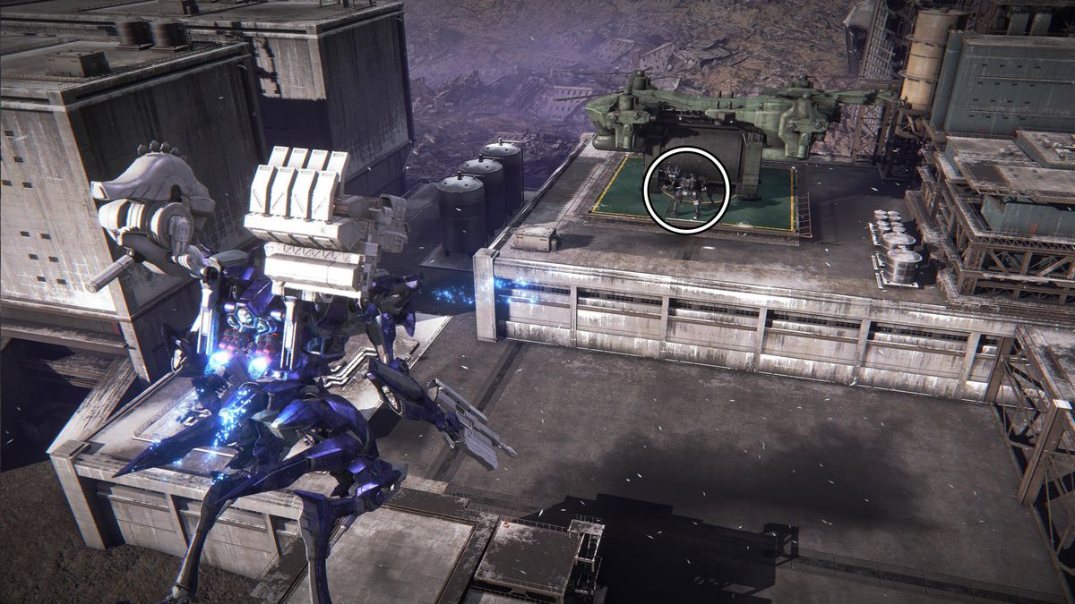 A mech flies in the air and aims its cannons at mech in front of a helicopter while looking for loghunts in Armored Core 6.