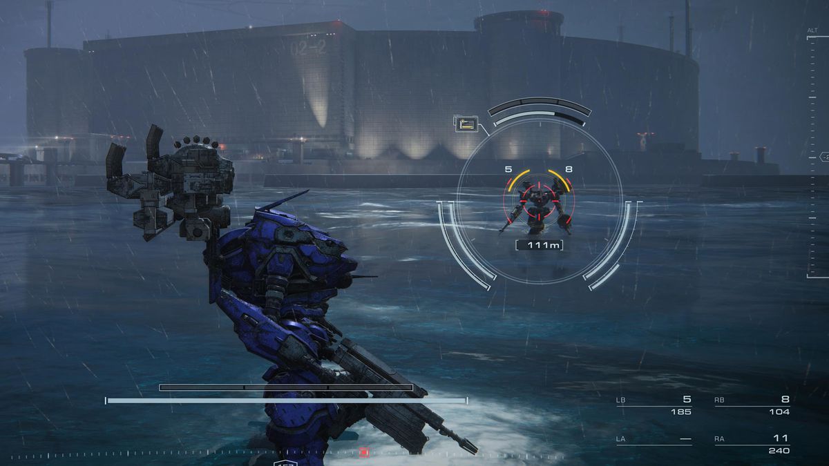 A mech fights against another mech on a frozen lake near a dam in Armored Core 6.